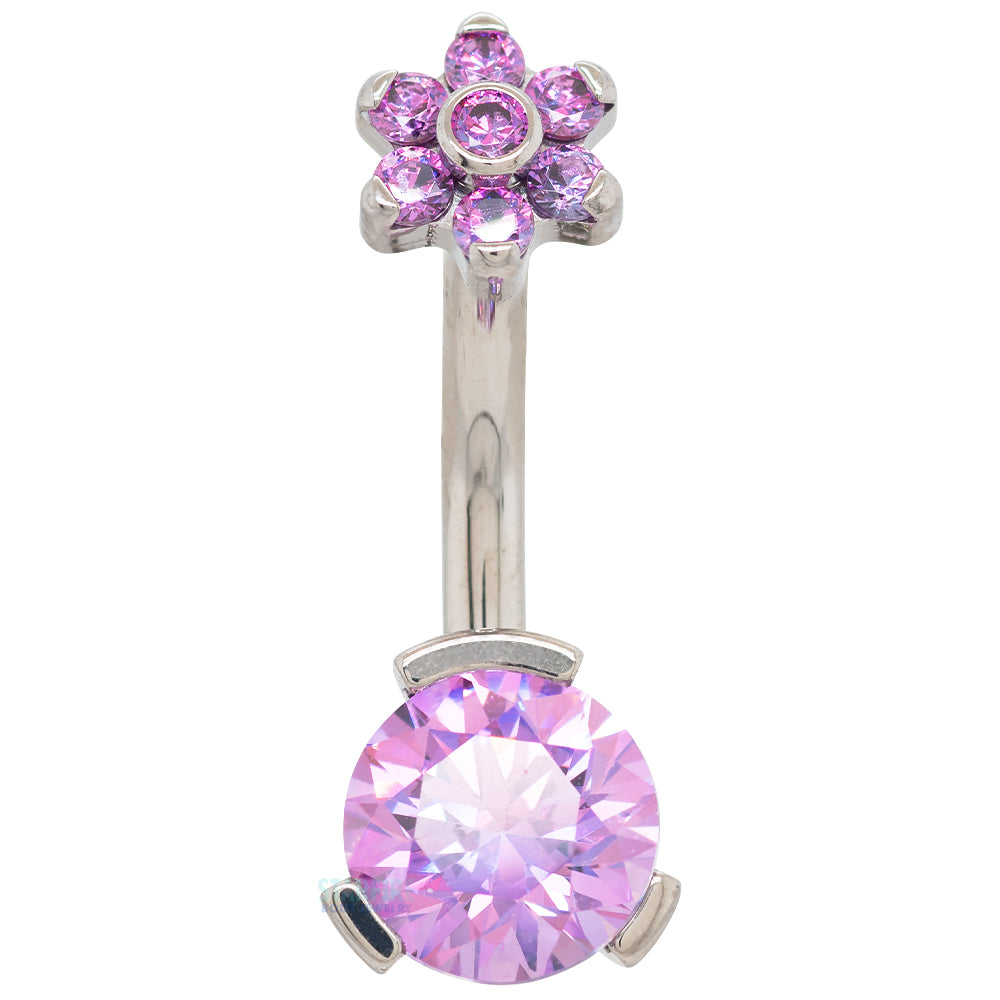 3 Prong-Set Faceted Gem Navel Curve with Flower Top