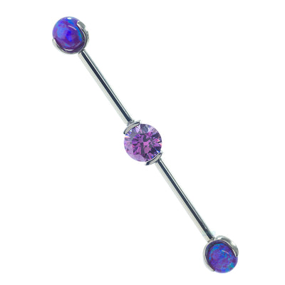 Round Faceted Gem Industrial Barbell with Opal Balls in Prong's