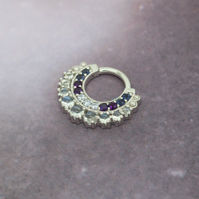 "Marilyn" Hinge Ring in Gold with Rainbow Moonstone, Iolite, Amethyst & Lavender CZ