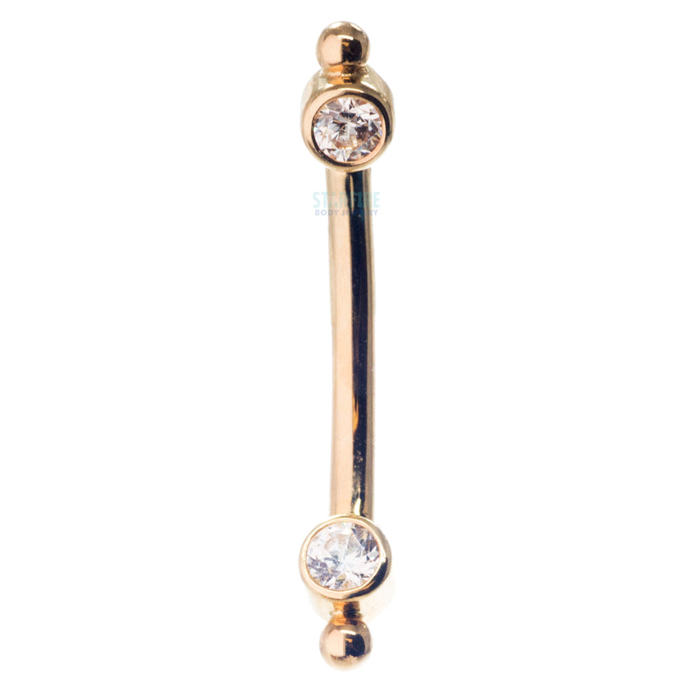 Gold Curved Barbell with White CZ's in Forward Facing Bezels & Bead Accents