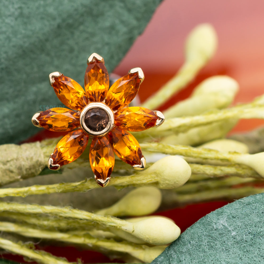 Tiny Sunflower Threaded End in Gold with Citrine & Smoky Quartz