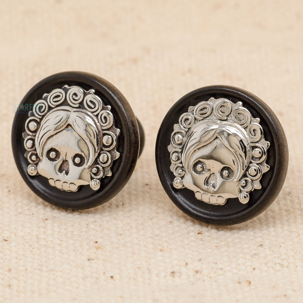 Double-Flared Wood with Steel Plugs - Day of the Dead Skull & Flowers (2 ga.)