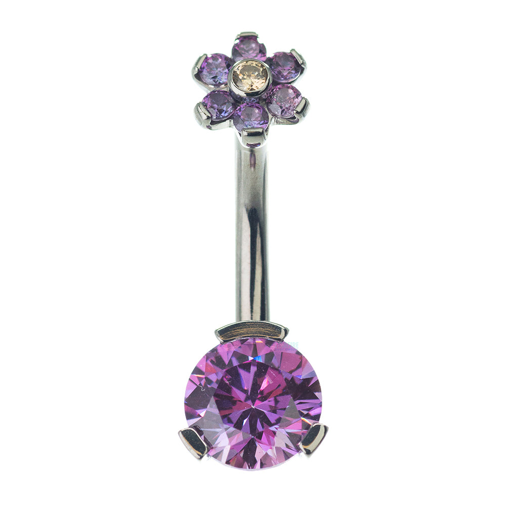 3 Prong-Set Faceted Gem Navel Curve with Flower Top - custom color combos