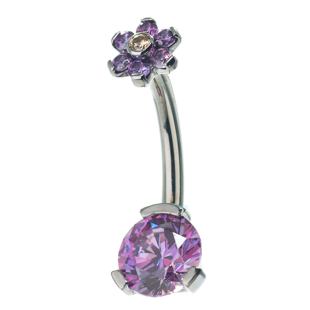 3 Prong-Set Faceted Gem Navel Curve with Flower Top - custom color combos