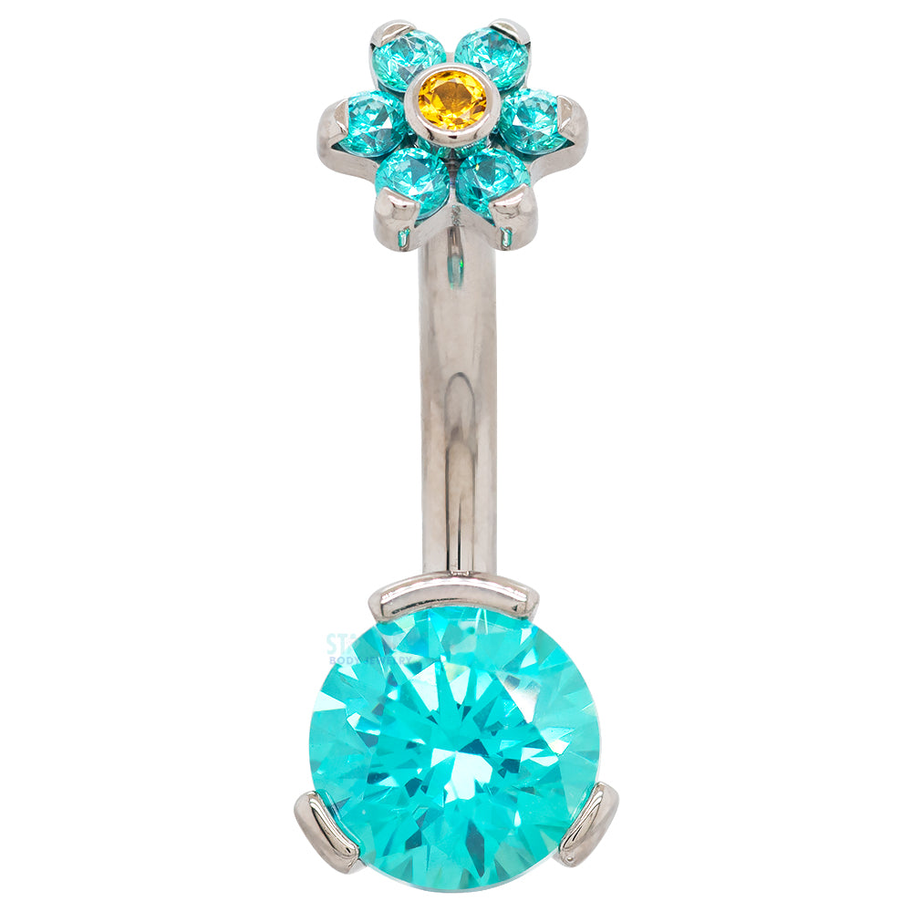 3 Prong-Set Faceted Gem Navel Curve with Flower Top - custom color combos