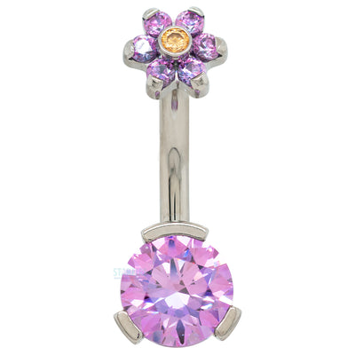 3 Prong-Set Faceted Gem Navel Curve with Flower Top - custom color combos