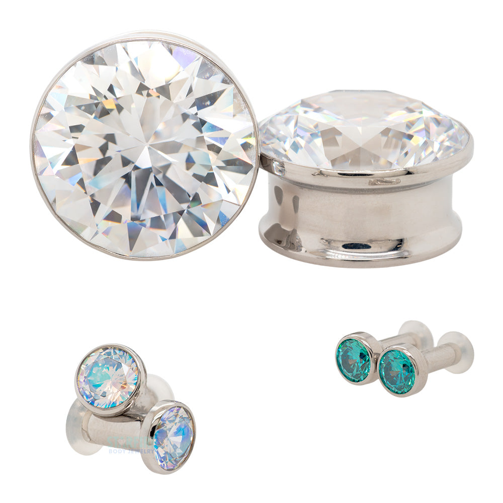 Single Gem BIG BLING Plugs ( Eyelets ) with Brilliant-Cut Gem - Champagne