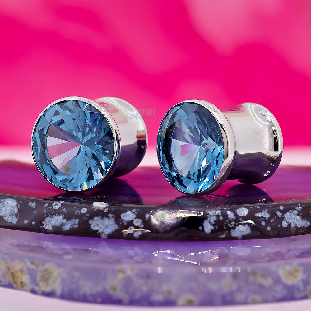 Single Gem BIG BLING Plugs ( Eyelets ) with Brilliant-Cut Gem - Aquamarine