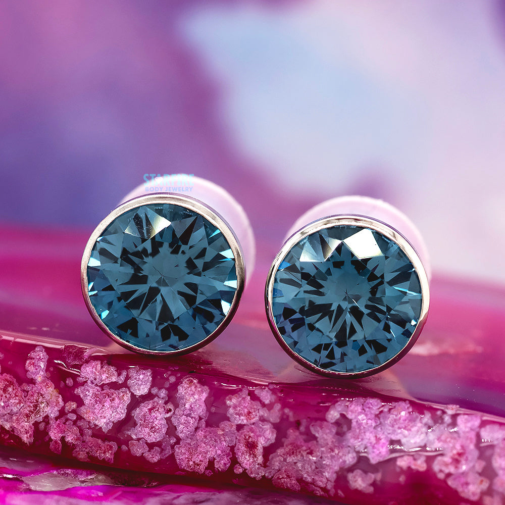 Single Gem BIG BLING Plugs ( Eyelets ) with Brilliant-Cut Gem - Blue Zircon