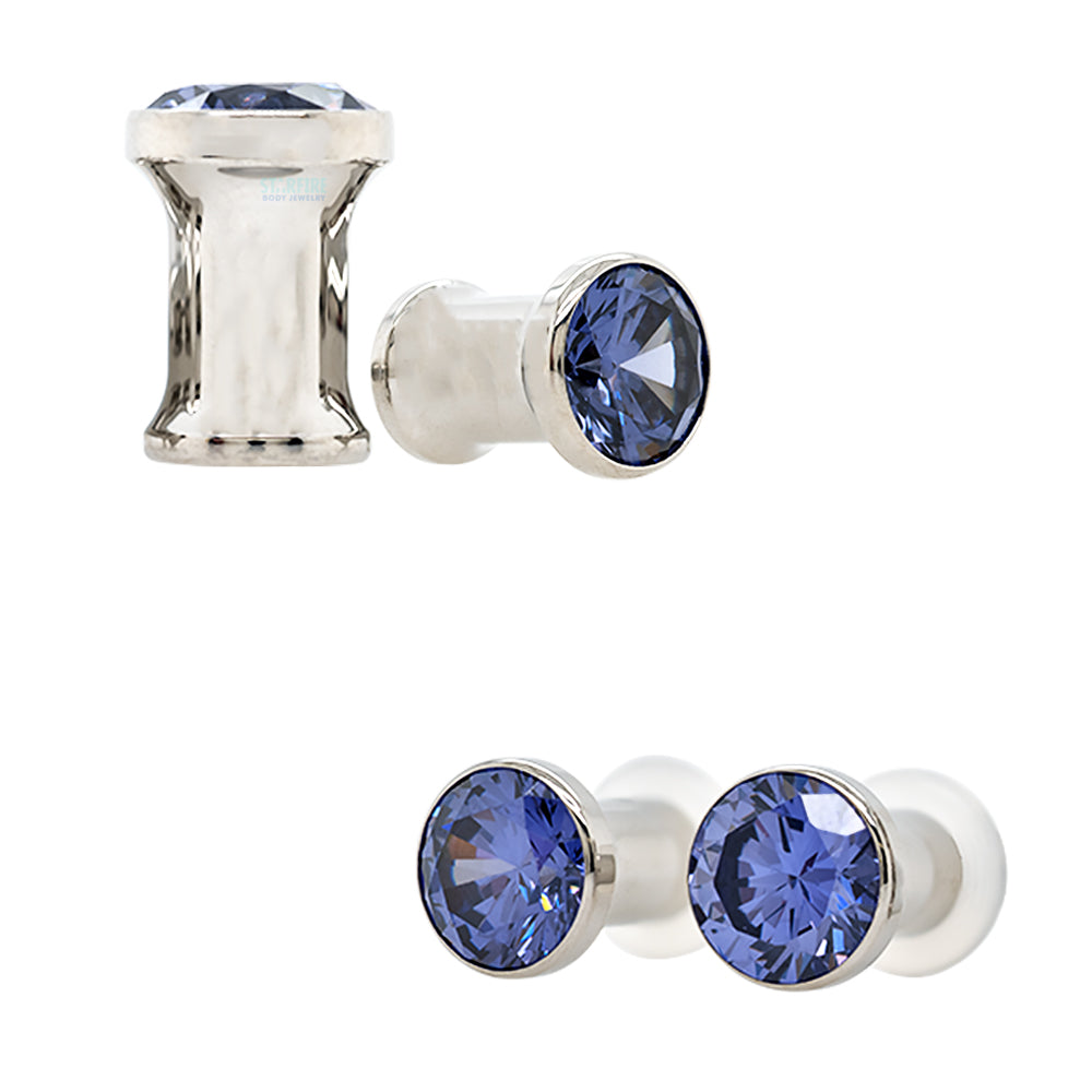 Single Gem BIG BLING Plugs ( Eyelets ) with Brilliant-Cut Gem - Tanzanite