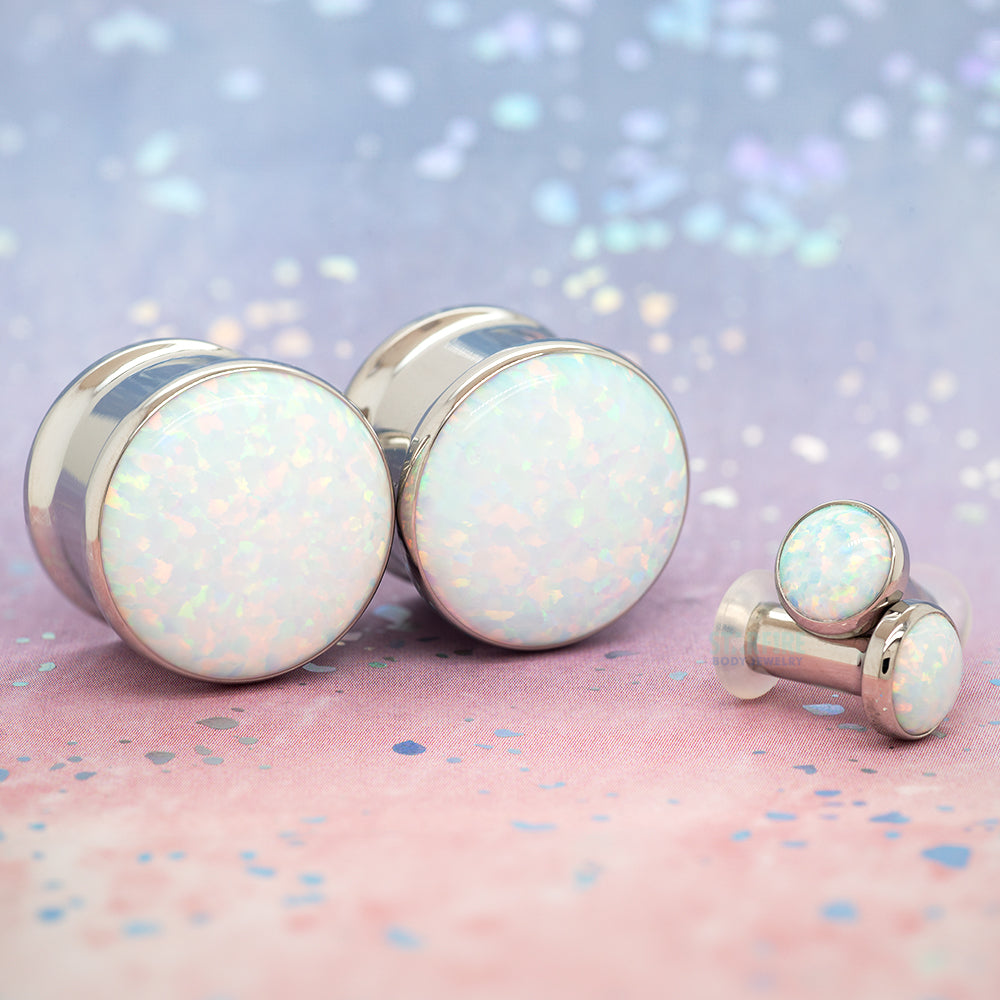 Single Gem Plugs ( Eyelets ) with Opal Cabochon - White Opal