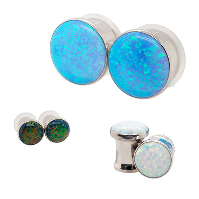 Single Gem Plugs ( Eyelets ) with Opal Cabochon - Blue Green Opal