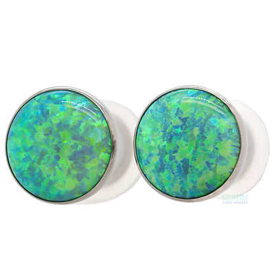 Single Gem Plugs ( Eyelets ) with Opal Cabochon - Lime Green Opal