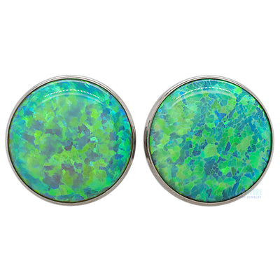 Single Gem Plugs ( Eyelets ) with Opal Cabochon - Lime Green Opal