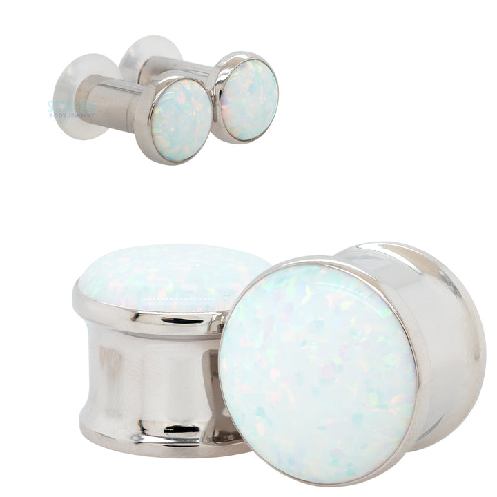 Single Gem Plugs ( Eyelets ) with Opal Cabochon - White Opal