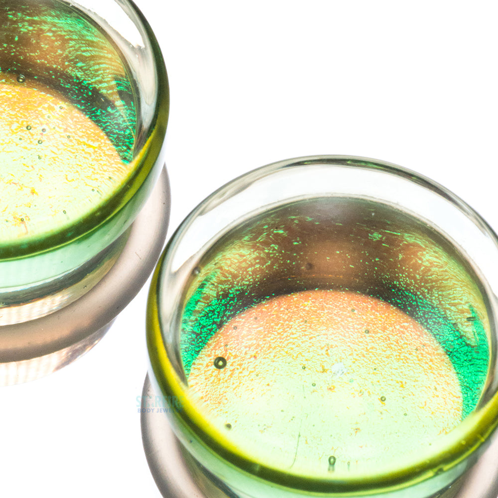 Deluxe Dichroic Glass Plugs - Bright Green Blue
