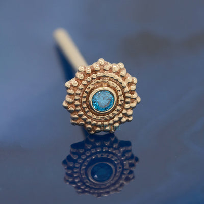Round Afghan Nostril Screw in Gold with Ocean Blue Diamond