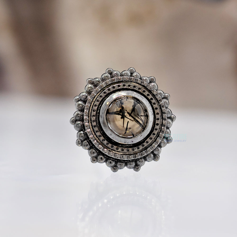 Round Afghan Threaded End in Black Rhodium - Gold with Tourmalinated Quartz