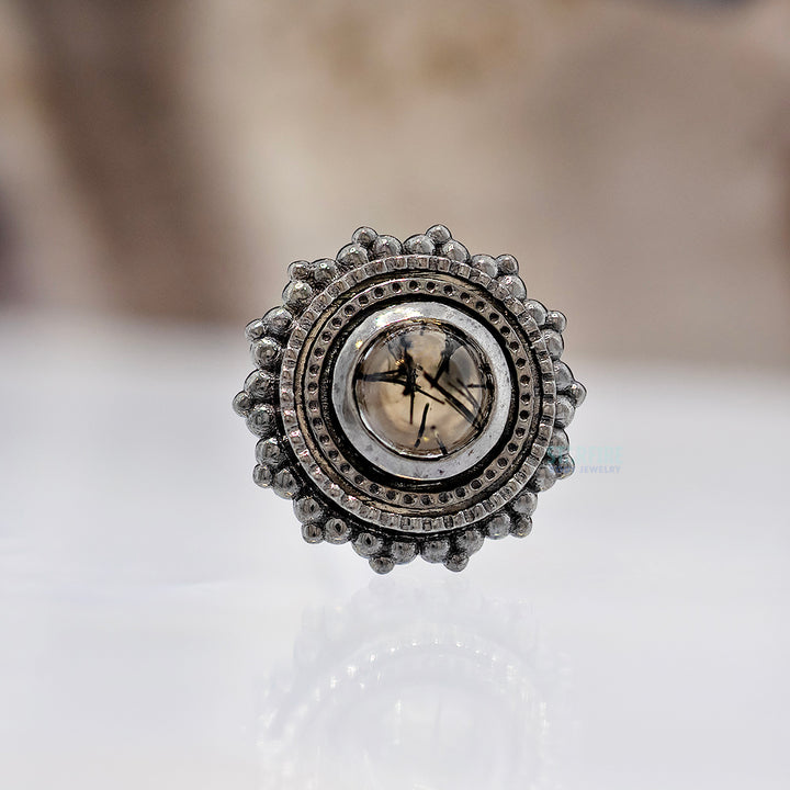 Round Afghan Threaded End in Black Rhodium - Gold with Tourmalinated Quartz