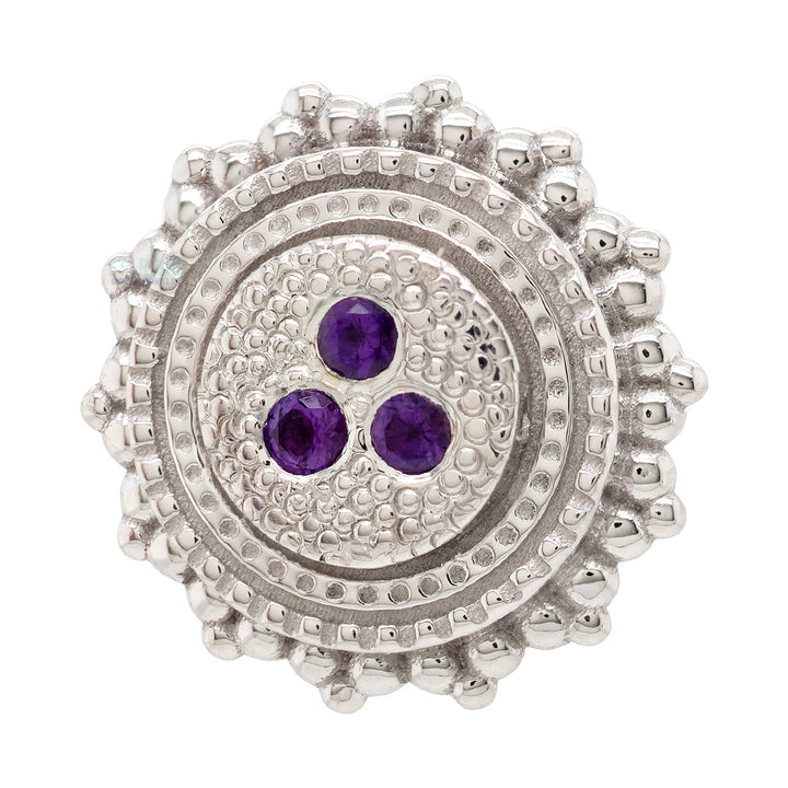 Round Afghan Threaded End in Gold & Platinum with 3 Gem Amethyst Pave