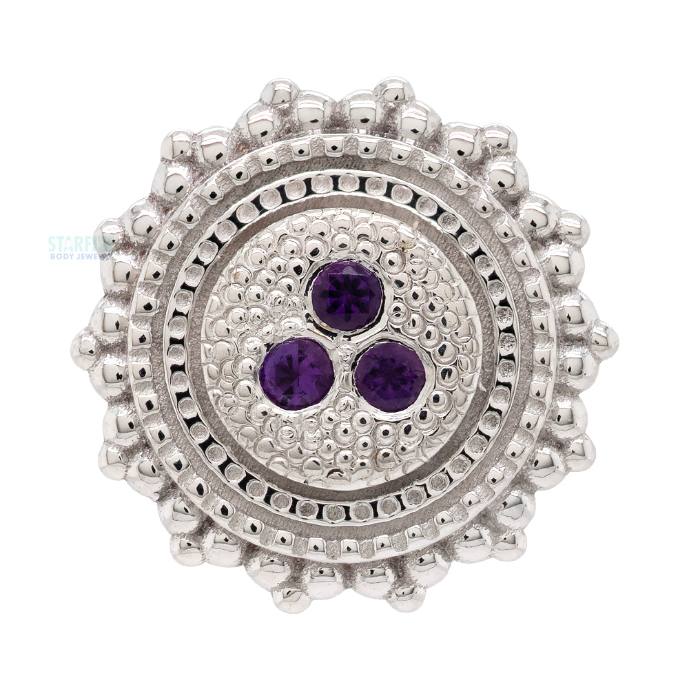 Round Afghan Threaded End in Gold & Platinum with 3 Gem Amethyst Pave