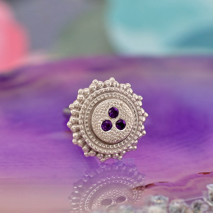 Round Afghan Threaded End in Gold & Platinum with 3 Gem Amethyst Pave