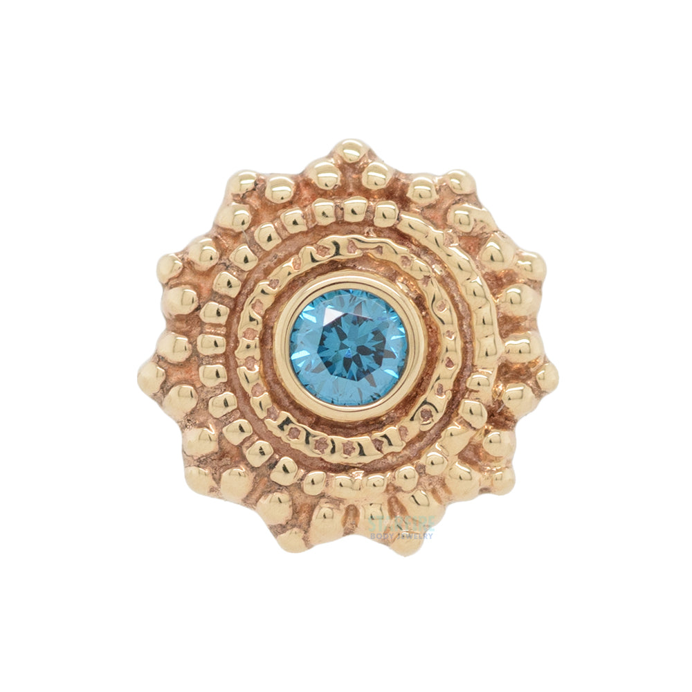 Round Afghan Threaded End in Gold with Ocean Blue Diamond