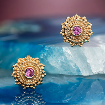Round Afghan Threaded End in Gold with Pink Sapphire