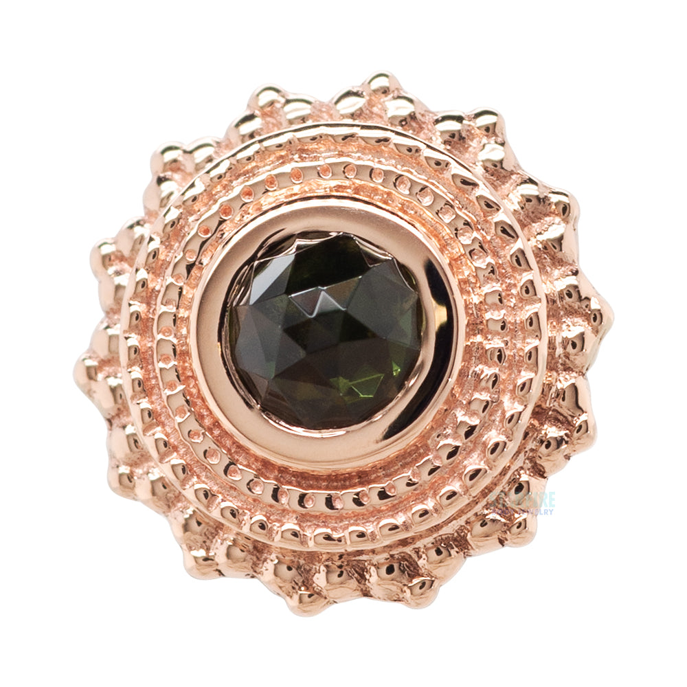 Round Afghan Threaded End in Gold with Rose Cut Green Tourmaline