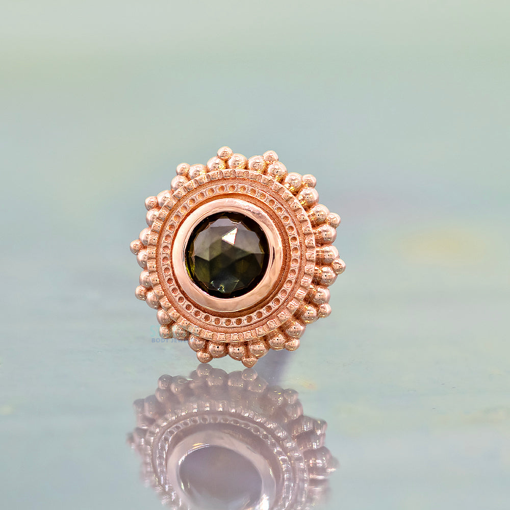 Round Afghan Threaded End in Gold with Rose Cut Green Tourmaline