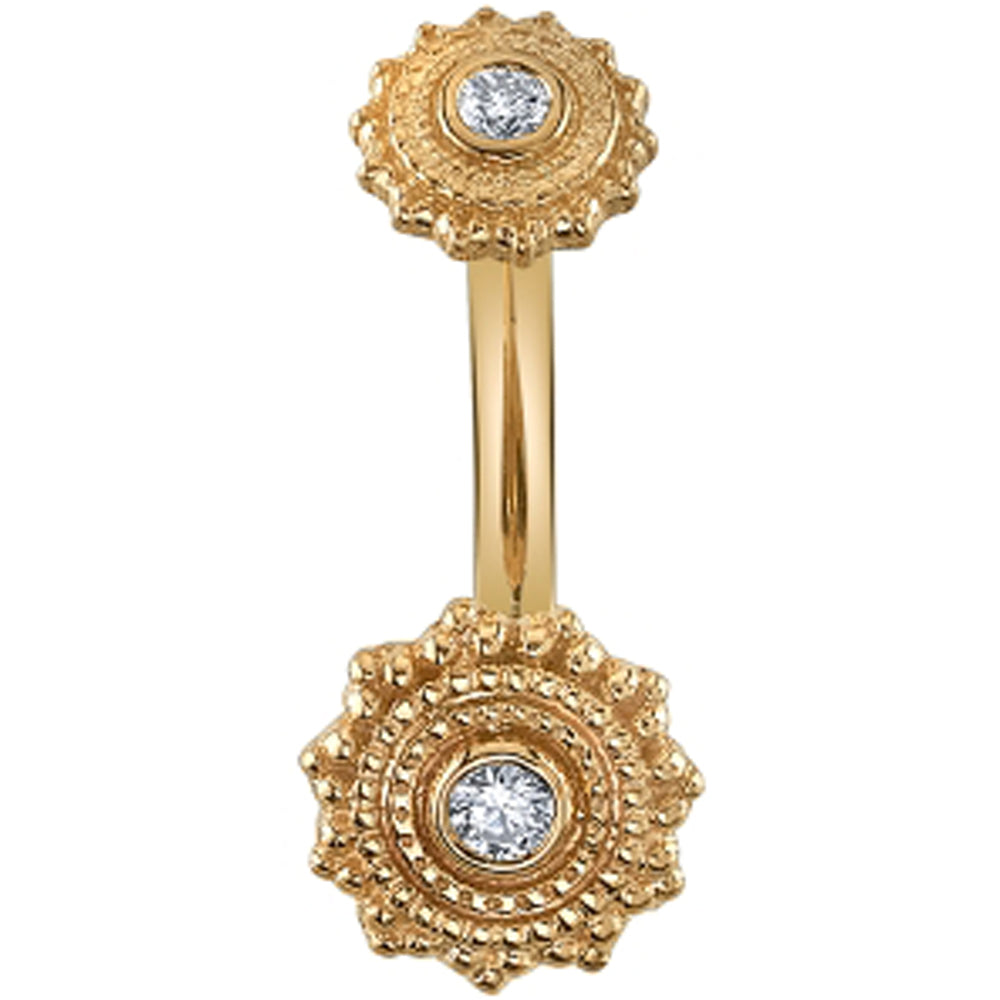 "Zoie" Round Afghan Navel J Curve in Gold & Platinum with White CZ's