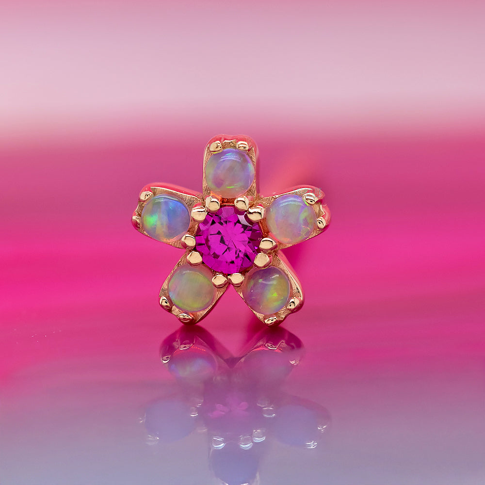 Cherry Blossom Nostril Screw in Gold with Pink Opal & Ruby