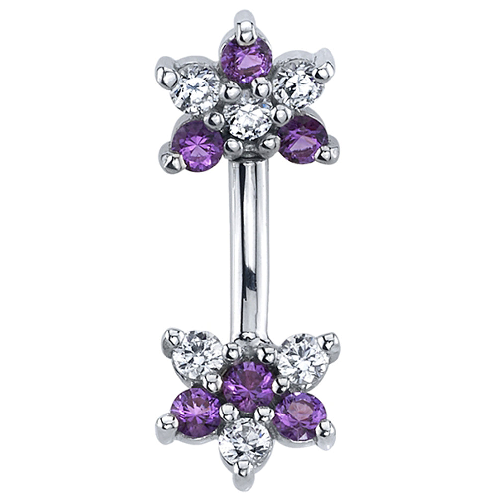 "Double Flowers" Curved Barbell in Gold with Amethyst & White CZ's