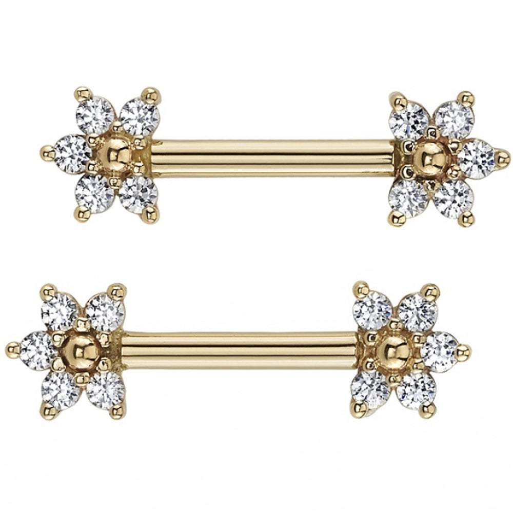 Flower #2 Forward Facing Nipple Barbells in Gold with Diamond & Gold Beads