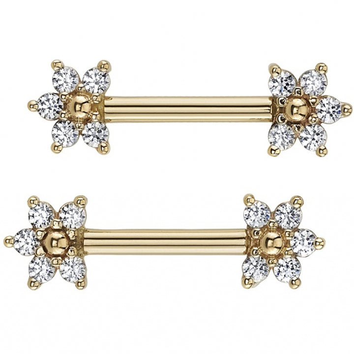 Flower #2 Forward Facing Nipple Barbells in Gold with White CZ & Gold Beads