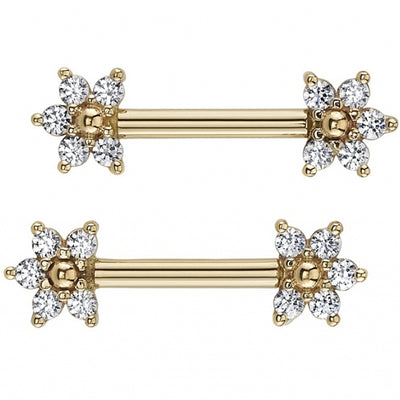 Flower #2 Forward Facing Nipple Barbells in Gold with White CZ & Gold Beads