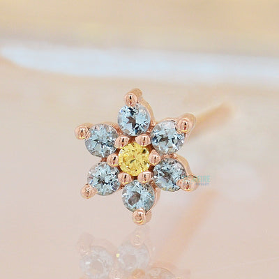 Flower #2 Nostril Screw in Gold with Swiss Blue Topaz & Yellow CZ