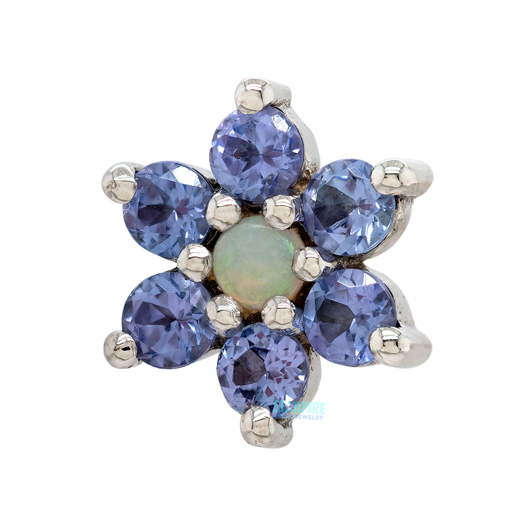 Flower #2 Threaded End in Gold with Tanzanite & Genuine White Opal