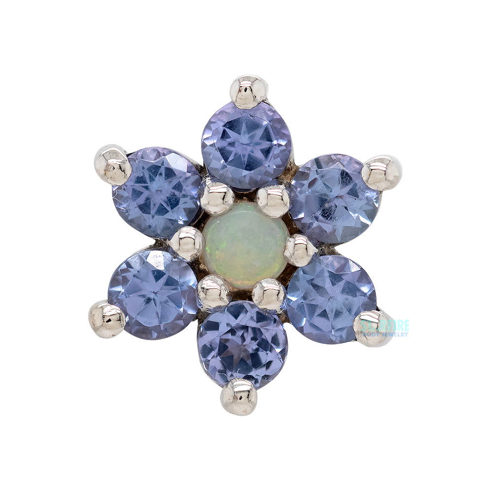 Flower #2 Threaded End in Gold with Tanzanite & Genuine White Opal