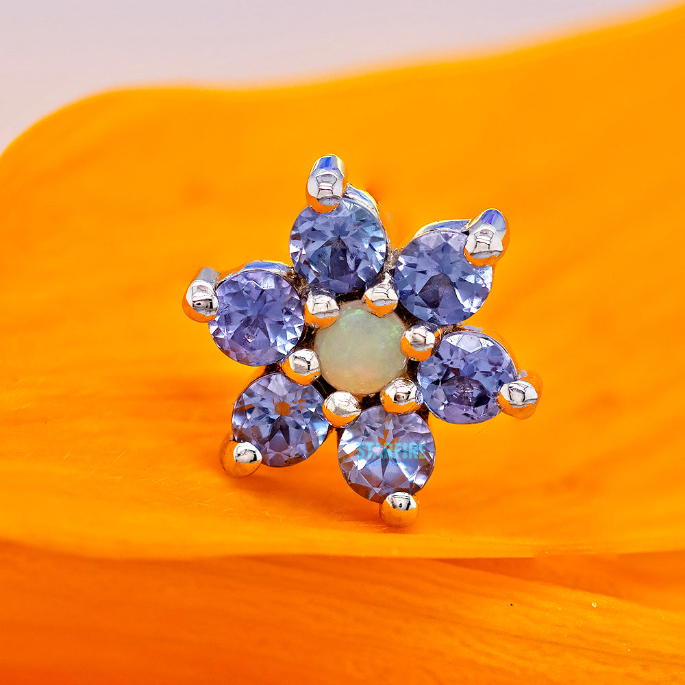 Flower #2 Threaded End in Gold with Tanzanite & Genuine White Opal
