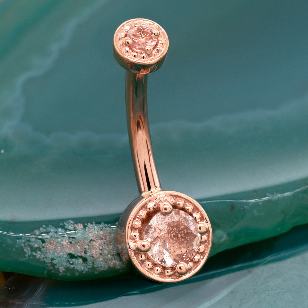 "Rachel" Milgrain Prong Navel Curve in Gold & Platinum with Oregon Sunstone