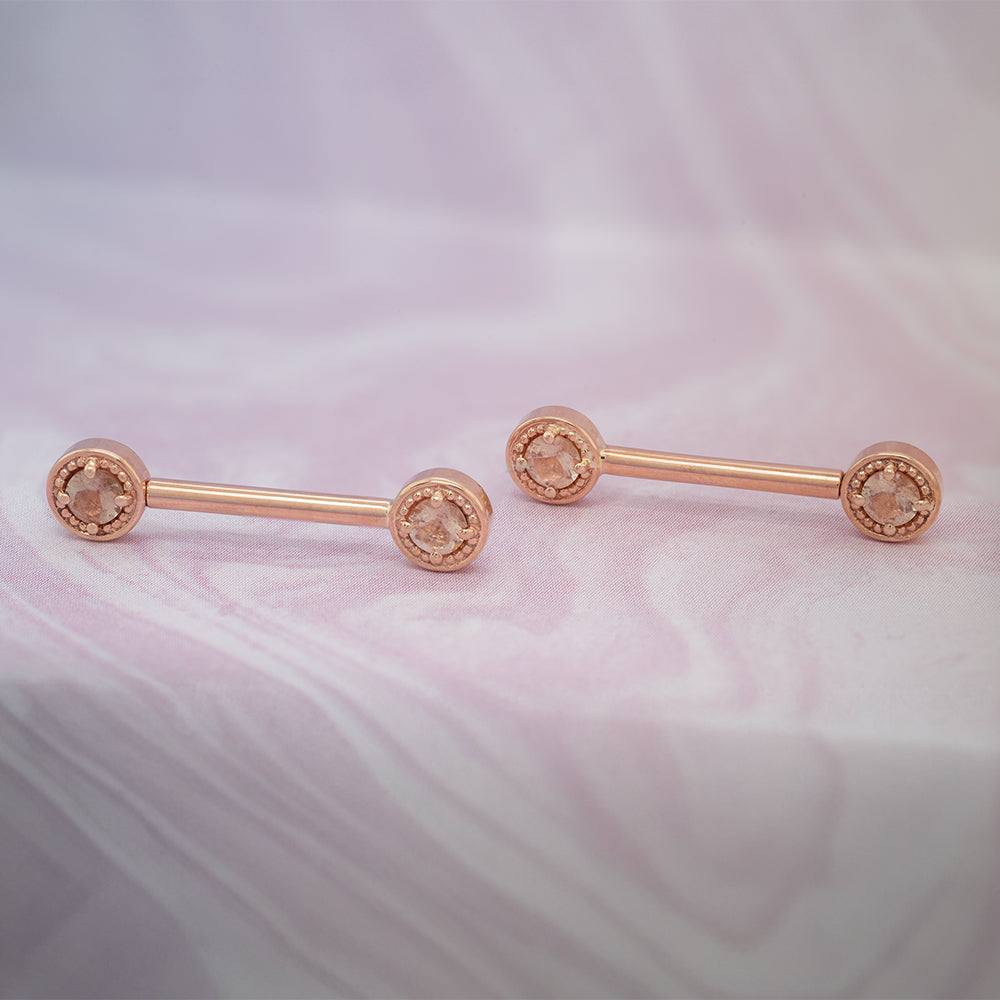 Milgrain Prong Forward Facing Nipple Barbells in Gold & Platinum with Oregon Sunstone