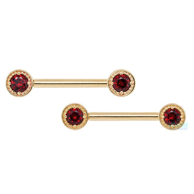 Milgrain Prong Forward Facing Nipple Barbells in Gold with Garnet