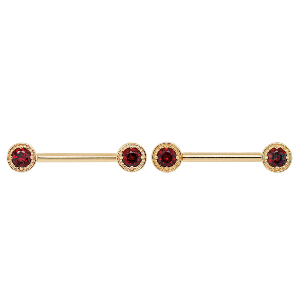 Milgrain Prong Forward Facing Nipple Barbells in Gold & Platinum with Garnet