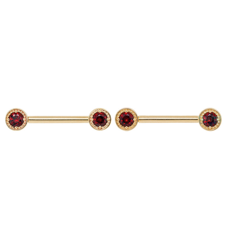 Milgrain Prong Forward Facing Nipple Barbells in Gold & Platinum with Garnet