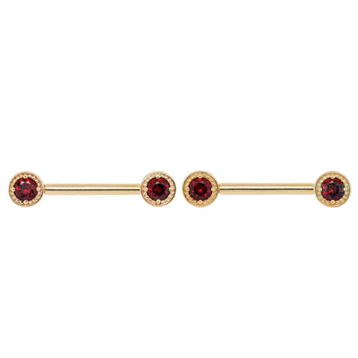 Milgrain Prong Forward Facing Nipple Barbells in Gold with Garnet