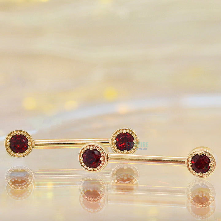 Milgrain Prong Forward Facing Nipple Barbells in Gold & Platinum with Garnet