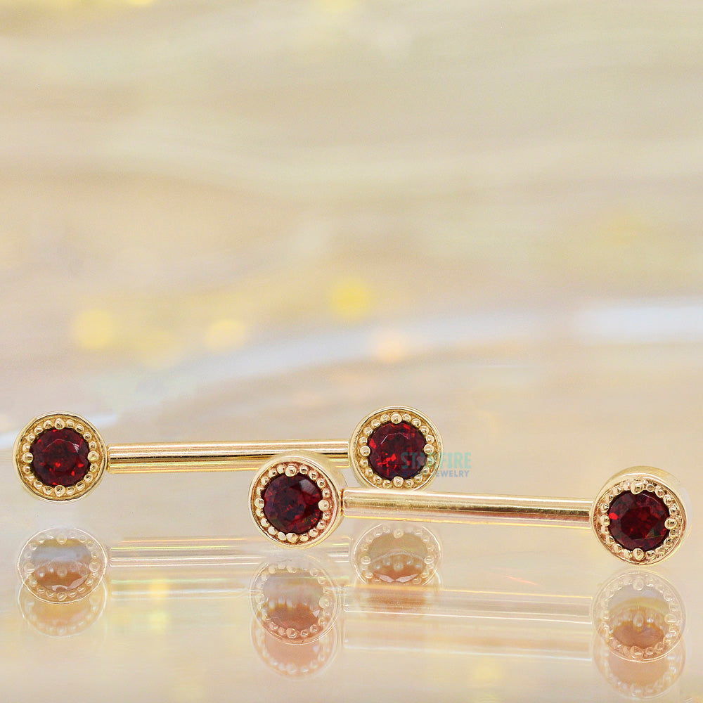 Milgrain Prong Forward Facing Nipple Barbells in Gold with Garnet