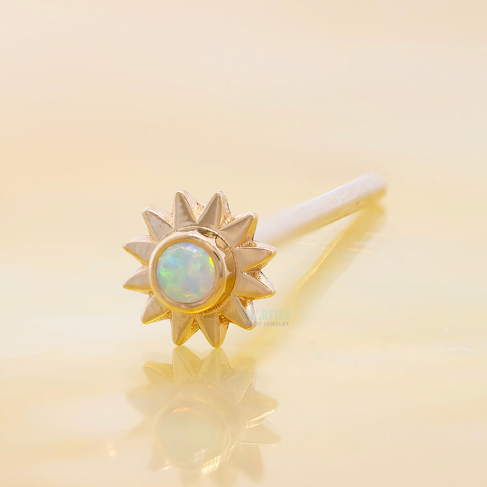 Sun with Bezel Nostril Screw in Gold with Genuine White Opal