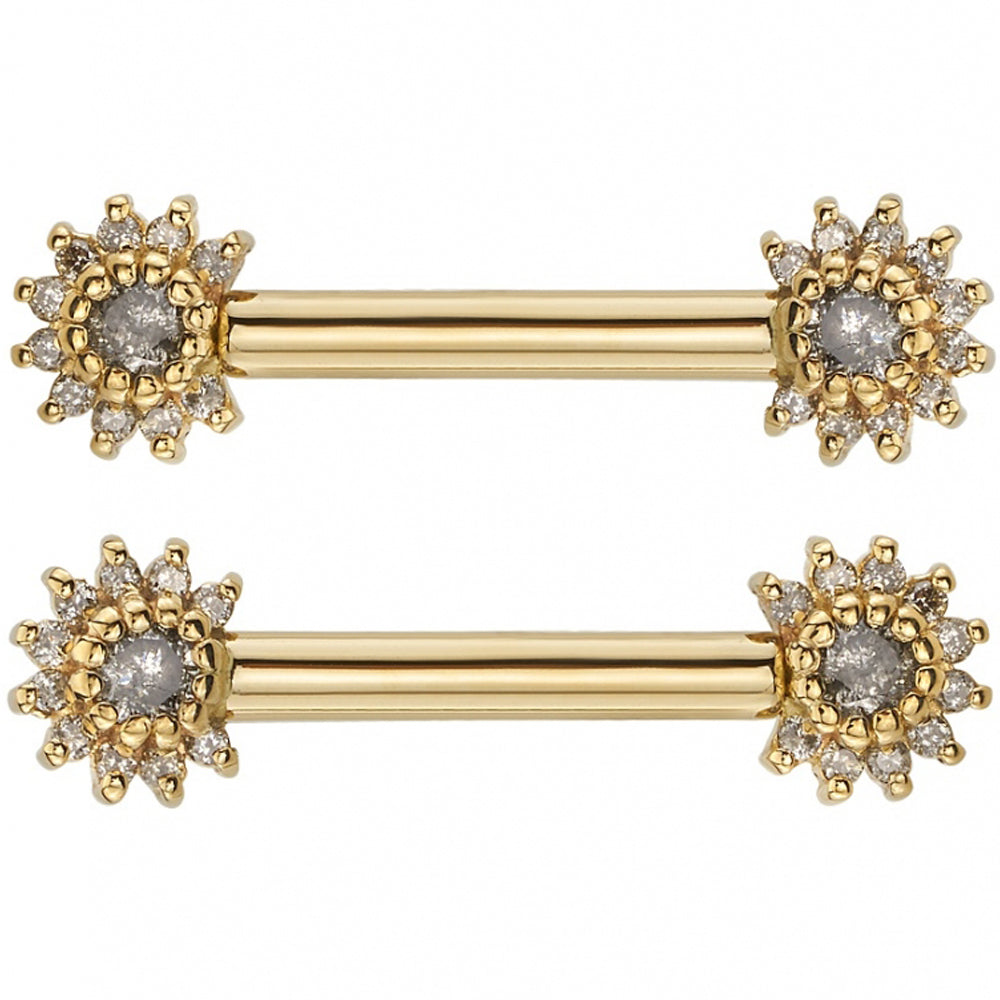 "Rose Bell" Forward Facing Nipple Barbells in Gold with Grey Diamonds